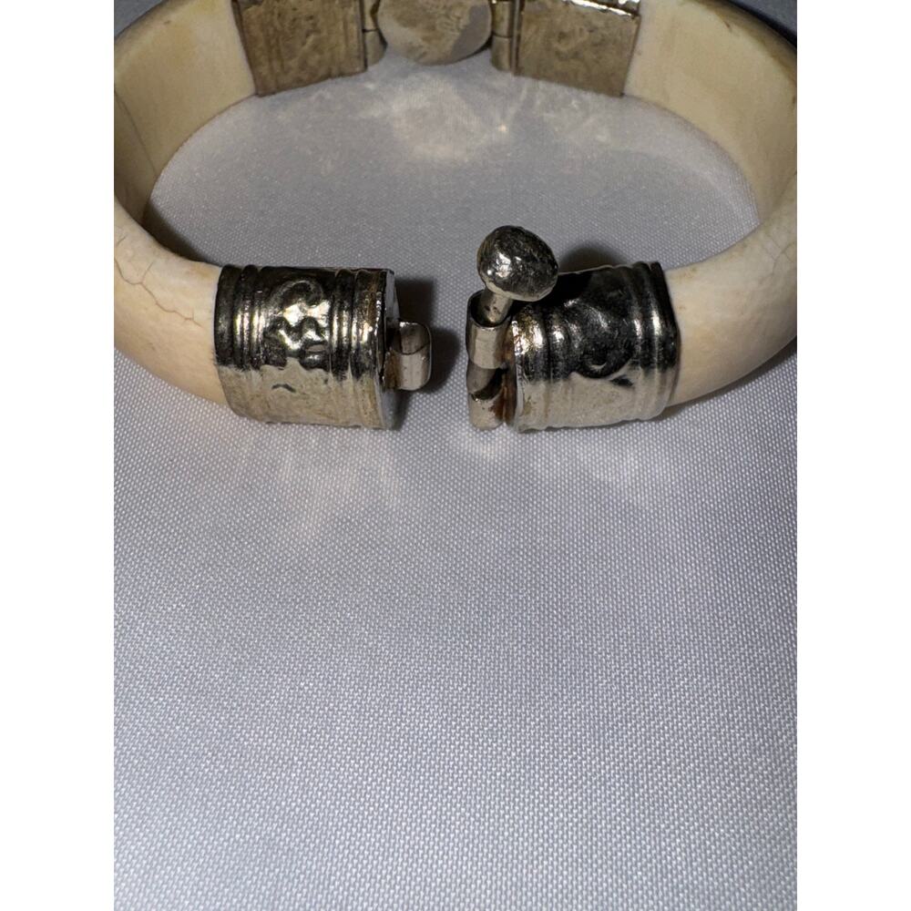 Mid-Century Carved Bone // Faux Ivory Cuff //Amethyst Bracelet - Picture 7 of 8